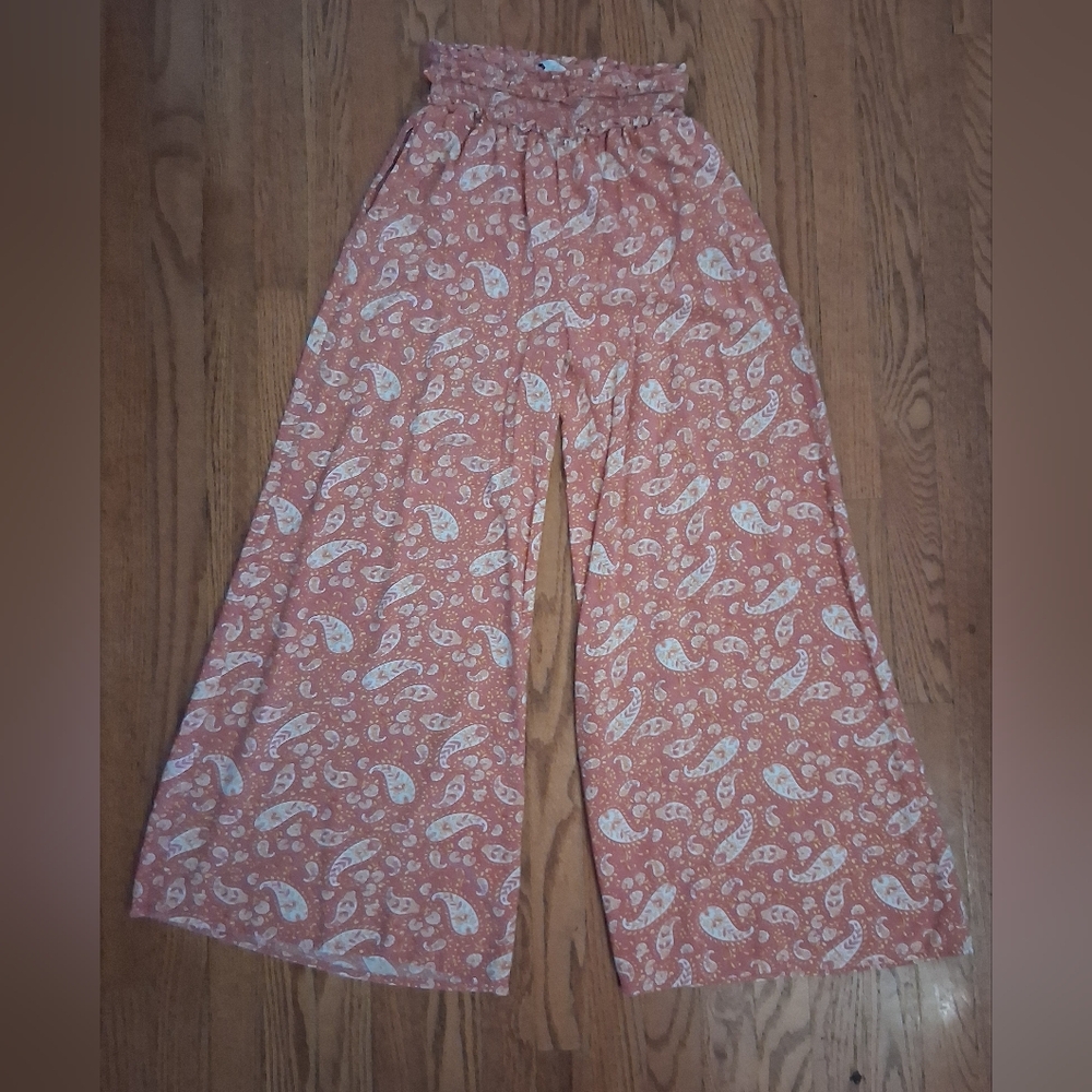 Patrons of Peace Boho Pants in Pink Yellow And White Oversized Legs Flowy Sz M